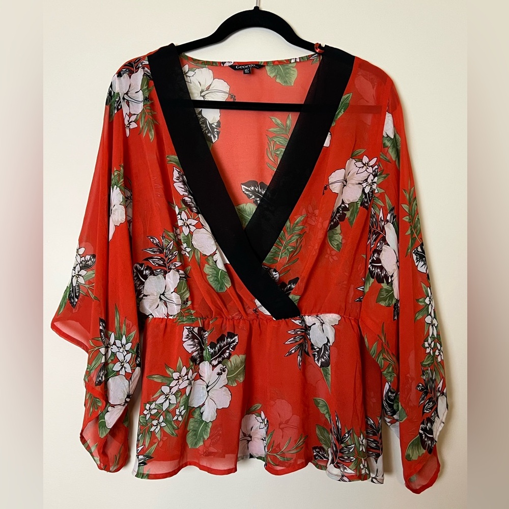 Floral V-Neck Sheer Blouse orange with flowy sleeves XL